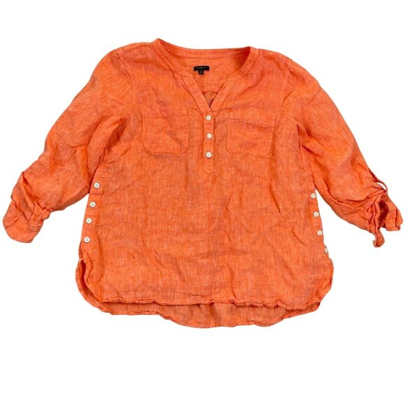 Talbots Woman's Top LP Petite Orange 100% Linen Long Sleeve Button Detail - Picture 1 of 9